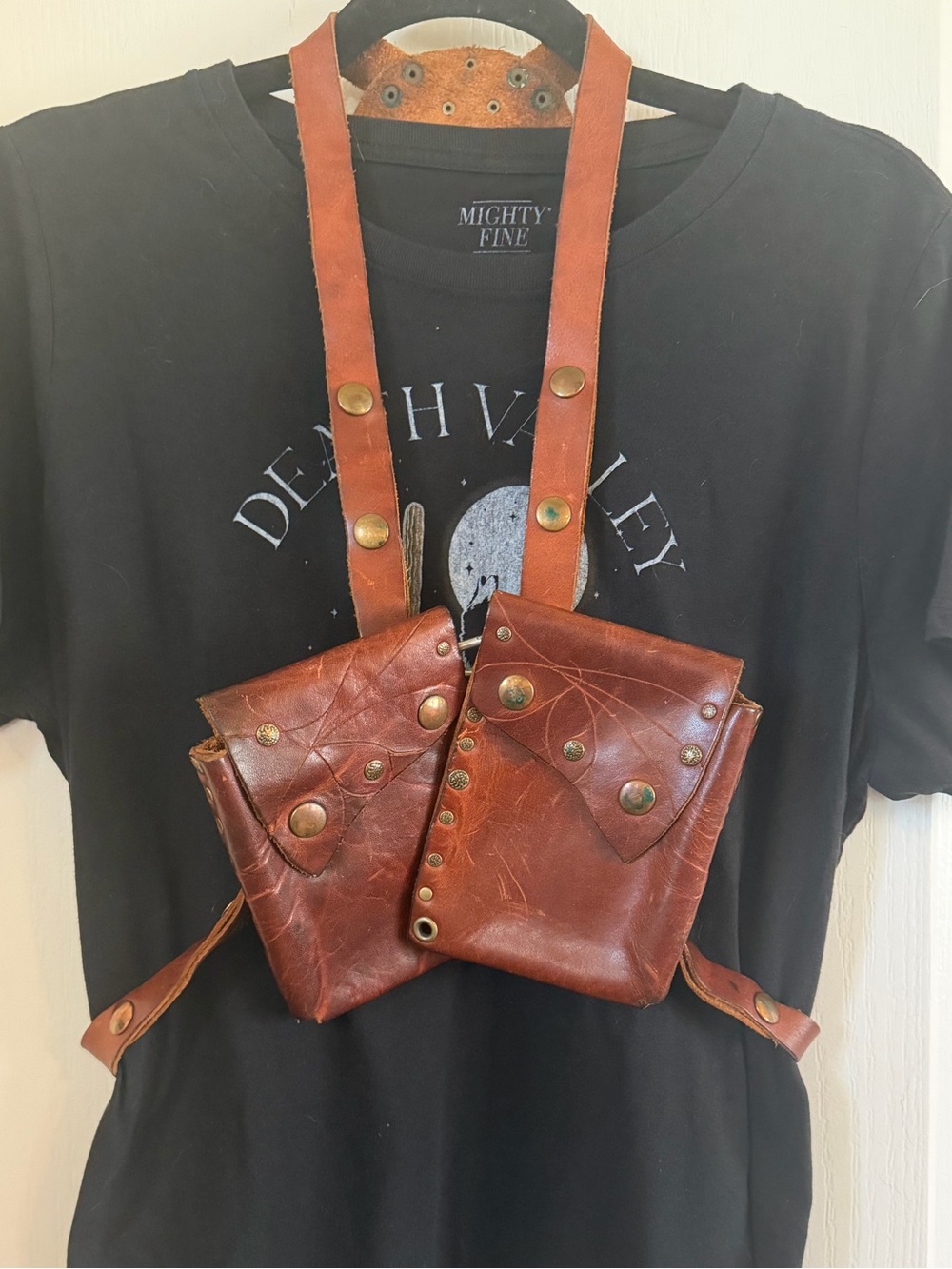 Vintage Distressed Leather Dual Pouch Chest Harness Hands-Free Bag w/Studs Stone